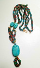 Vintage ägyptische Revival mehrfarbige Tonscheibe Perlen Skarabäus Anhänger Halskette
