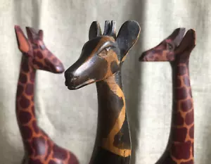 More details for 3 x vintage hand carved wooden african giraffe sculpture ornament 30.5cm