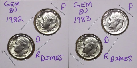 1982 P&D & 1983 P&D Roosevelt Dime Choice BU US (4 Coins) Cover