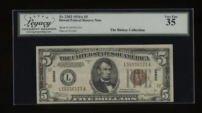 DBR 1934-A $5 FRN Hawaii Fr. 2302 Legacy 35 Serial L56036123A - Image 1 of 2