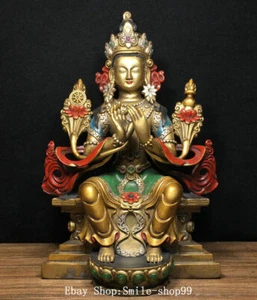 Estatua de Buda de loto Maitreya Bodhisattva pintura dorada de bronce tibetano antigua de 11,8 - Imagen 1 de 9