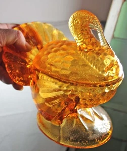 Vintage Turkey On A Nest Amber Glass 2 Pc Covered Candy Dish - Picture 1 of 8