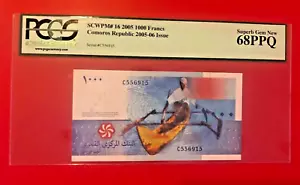 2005 1000 FRANCS COMOROS REPUBLIC 2005-06 ISSUE PCGS CURRENCY SUPERB GEM 68PPQ - Picture 1 of 2