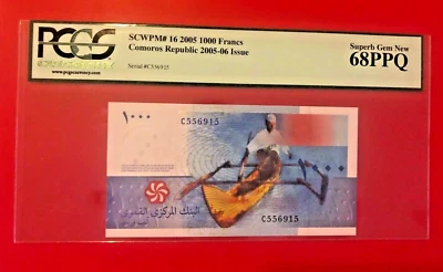 2005 1000 FRANCS COMOROS REPUBLIC 2005-06 ISSUE PCGS CURRENCY SUPERB GEM 68PPQ - Image 1 of 2