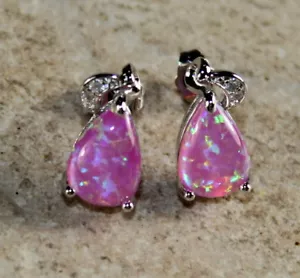 SILVER Elegant Pink Fire Opal Teardrop Stud Earrings Jewelry Woman Gift - Picture 1 of 1