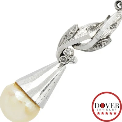 Vintage Diamond Pearl Silver Palladium Floral Drop Pendant 3.9 Grams NR - Image 1 of 4