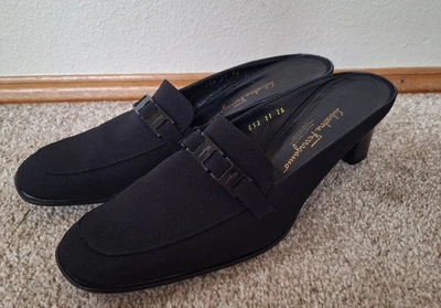 Salvatore Ferragamo Black Heel Mules Slip On Buckle Square Toe Womens 11 - Image 1 of 4