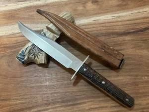 Vtg WADE & BUTCHER SHEFFIELD "Bowie Hunter" Knife Jigged Bone Handle W/ Sheath - Picture 1 of 20