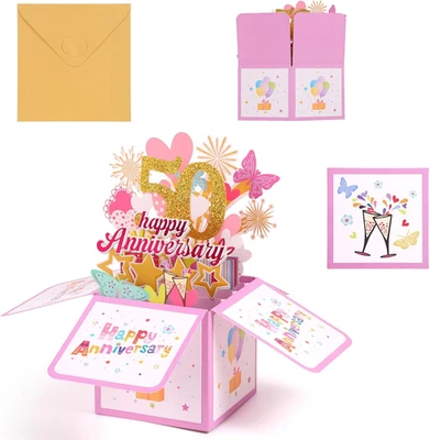 50 周年弹出卡,五颜六色的心蝴蝶烟花 3D 周年  — 第 1/4 张图片