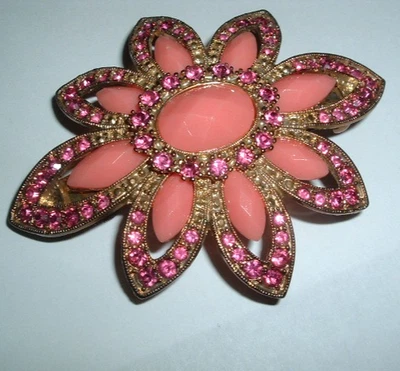 Vintage Large Coral Glass Pink Rhinestone 4" Floral Hair Barrette - Image 1 of 4