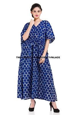 Indian Polka Dot Print Women Kaftan Indigo Blue Cotton Boho Long Dress Nightgown - Image 1 of 4