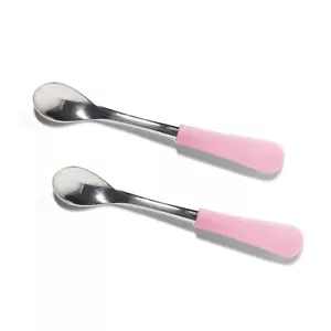 2 Pack Infant Baby Spoons Stainless Steel Silicone Self-Feeding Utensils Pink - Picture 1 of 9