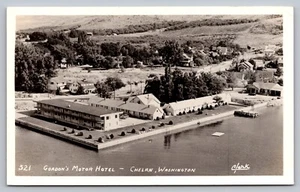 Postcard Gordon's Motor Hotel Lake Chelan Washington Aerial View RPPC - Picture 1 of 2
