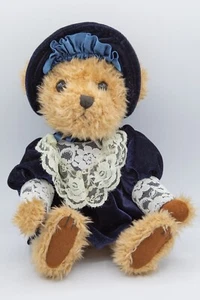 JC Penny Teddy Bear Navy Blue Velvet Hat and Dress with Lace Trim, Plush Stuffed - Picture 1 of 6