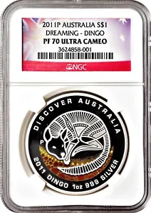 2011-P Australia Dreaming Dingo Dollar $1 Gem Proof 1 Oz 999 Silver NGC PF70 UC - Picture 1 of 3