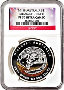 2011-P Australia Dreaming Dingo Dollar $1 Gem Proof 1 Oz 999 Silver NGC PF70 UC - Picture 1 of 3