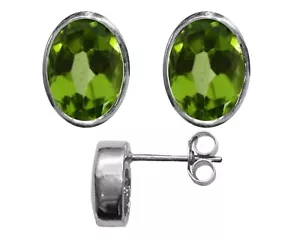 9ct Oro Blanco Natural Peridoto Ovalado Tuerca Pendientes 3.00ct Británico Hecho - Imagen 1 de 5