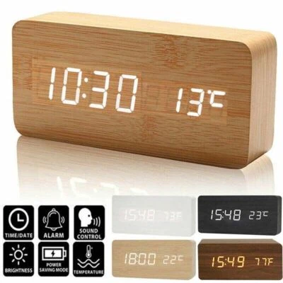 Wooden LED Digital Clock Alarm Clock Time Temperature Calendar USB Alarm Clock - Image 1 of 4