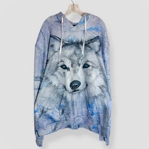 Wolf Print Pullover Hoodie Plus Size 3XL Light Blue Long Sleeve Casual Outdoor - Picture 1 of 7