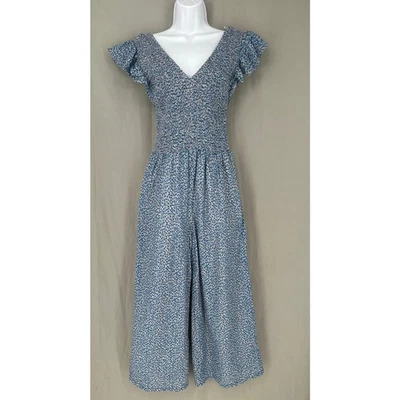 Macacão Rebecca Taylor Feminino Pequeno Azul Floral Perna Larga Casa de Campo Boho Babado - Imagem 1 de 4