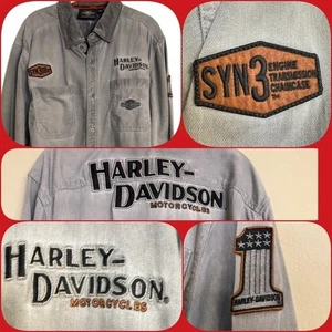 Vtg Harley Davidson Syn3 #1 Long Sleeve Shop Shirt Button Up Huge Embroidered XL - Picture 1 of 14