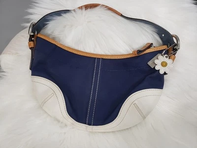 Vintage Coach White & Canvas Blue Leather Trim Hobo Purse Handbag Daisy 4431 - Image 1 of 4