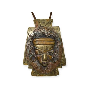 COLLANA CIONDOLO MEDAGLIONE MASCHERA VISO OTTONE MCM VINTAGE ASTRATTO BRUTALISTA AZTEC - Foto 1 di 13