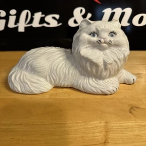 Vintage White Ceramic Lounging Cat Figurine with Blue Eyes 9 Inch Nice MCM - Picture 1 of 14