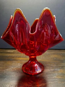 Vtg Viking Glass Ruby Red Handkerchief Compote Dish Ruffle Bowl Amberina 7"H - Picture 1 of 12
