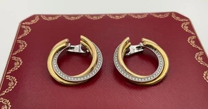 CARTIER Trinity 18K Yellow Rose & White Gold Diamond Hoop Earrings With Box - Picture 1 of 8