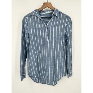 Beachlunchlounge Linen Shirt Women XS Blue Stripe Collared V-Neck Popover - Picture 1 of 9