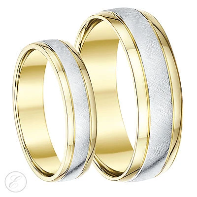 9ct Two-Colour Designer His & Hers Wedding Ring Bands 5mm & 6mm - Image 1 of 4