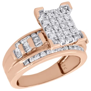 10K Rose Gold Round & Baguette Cut Diamond Rectangle Engagement Ring 1 Ct. - Picture 1 of 5