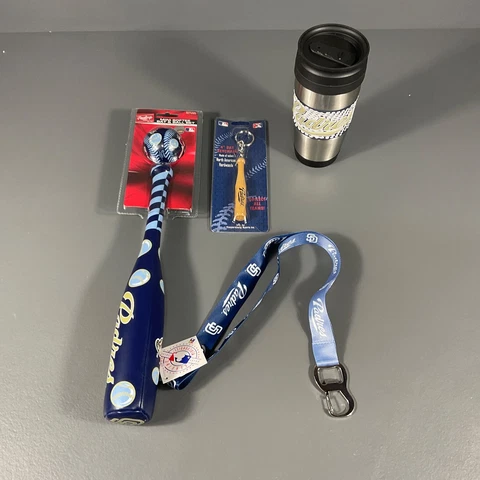 San Diego Padres MLB Ultimate Fan Gift Lot Travel Mug, Car Flag, Lanyard, 4" Bat Cover