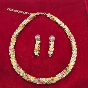 Jewelry Set Necklace & Earrings Gold Tone Multicolor Rotating Cabochons VTG - Picture 1 of 9