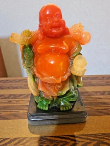 Vintage chinesische lachende Buddha Statue Faux Achat Harz orange grün Hotei 8,5" - Bild 1 von 7