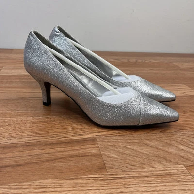 Sapatos de Salto Easy Street Alive 5 Chiffon Prata Glitter Elegante Feminino Tamanho 8 NOVO - Imagem 1 de 4