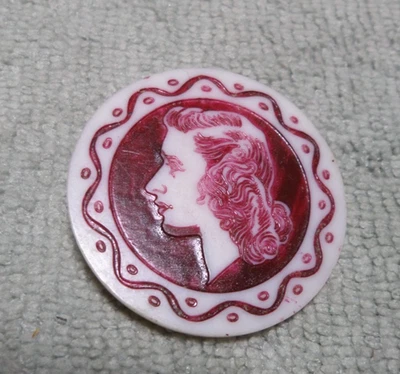 Large Vintage Celluloid Plastic Picture Button LADY - Image 1 of 3