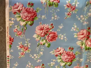 Fabric Traditions Shabby Chic pink roses on blue large scale by the 1/2 yd - Picture 1 of 3