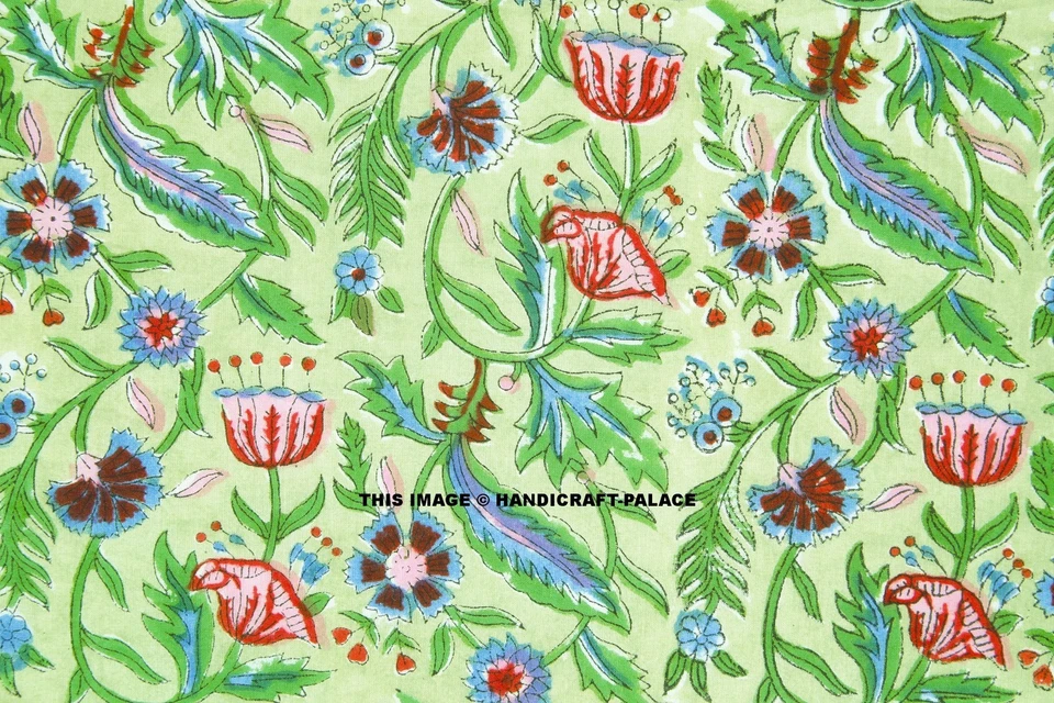 Indian 100% Cotton Voile Fabric Green Sewing Hand Block Print Craft 5 yard