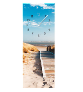 Wanduhr Sunny 20x60 cm - Lautlose Glas Uhr Wohnzimmer Sonne Strand Blau