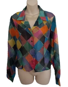 Vintage 90s Designer KENZO Paris Funky Sheer Multicolour Silk Blouse 38 F -10 Uk - Picture 1 of 7