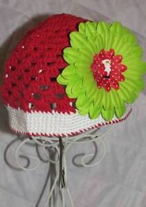 Red White Lime Santa Flower Crochet Hat  Infant Toddler