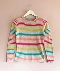 Pure Collection Size 8 Pale Grey + Pink Yellow Teal Stripe Cashmere Jumper - Picture 1 of 3