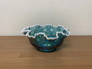 Rare Fenton Teal Spanish Lace Bowl with White Ruffled Edge - Picture 1 of 5