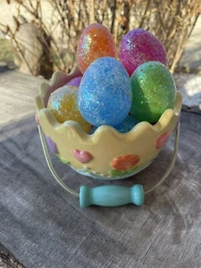 Ceramic Easter/Spring Floral Candy Basket Wood Handle 12 Glitter Eggs Colorful - Picture 1 of 10