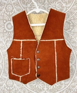 Vintage Sherpa Lined Brown Faux Suede Vest Billy the Kid Snap Western Size 10 - Picture 1 of 6