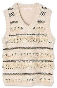 NWT Tory Burch Cream Striped Jacquard V-Neck Sweater Vest With Fringe XL NEW - Picture 1 of 1