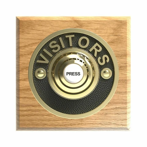 Traditional Square Wired Doorbell VISITORS in Honey Oak and Brass Cover
