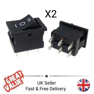 2 x Black On-Off-On 3 WAY Rocker Switch DPDT 6 Pin Snap-In AC 6a/250v 10a/125v - Image 1 of 4